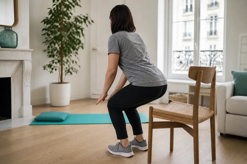 Exercice pour les articulations : personne faisant un squat sur chaise.