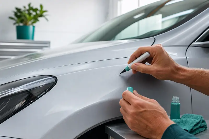 Application d’un stylo retouche Tesla sur un petit éclat de carrosserie.