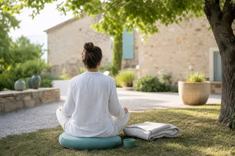Participant méditant dans le jardin calme d’une retraite spirituelle en France.