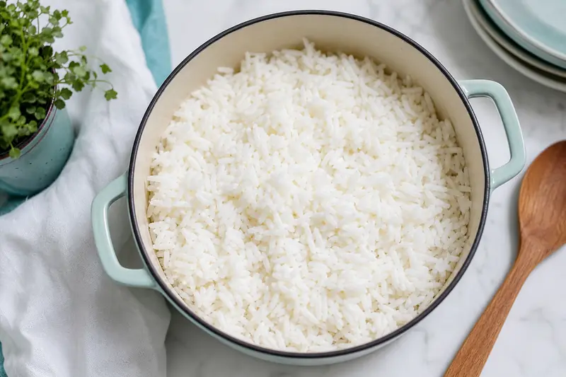 Casserole de riz blanc cuit avec des grains bien séparés vue de dessus