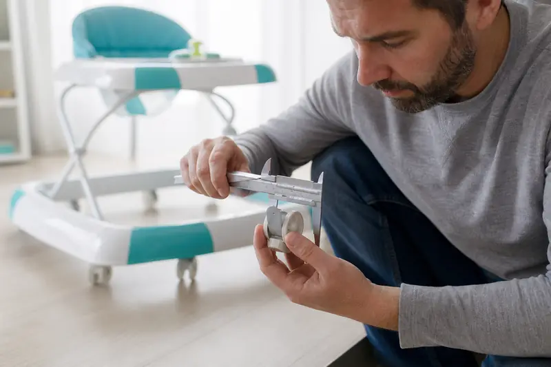 Inspection d’une roulette pour trotteur bébé sur un sol en parquet clair