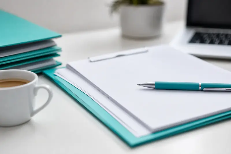 Bureau avec des documents contractuels et un stylo posés sur une table de réunion