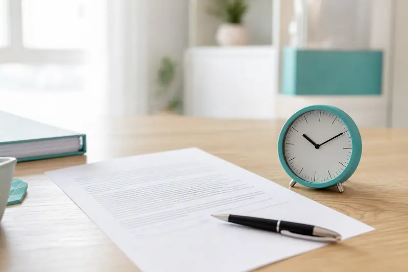 Bureau avec un contrat de travail, un stylo et une horloge posés côte à côte