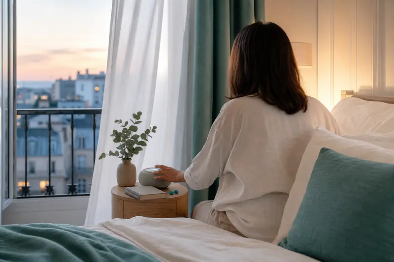 Personne utilisant un bruit d’ambiance doux pour soulager ses acouphènes chez elle.