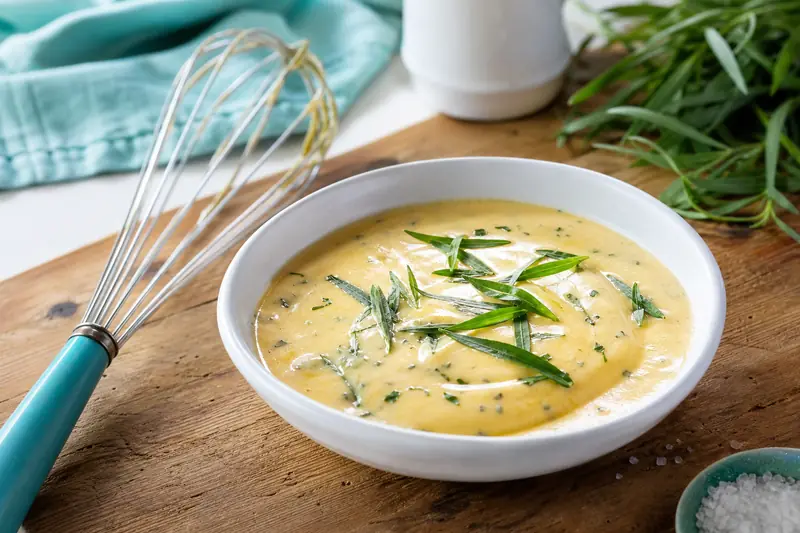 Sauce béarnaise onctueuse dans un bol avec un fouet posé à côté