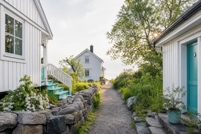 Chemin de passage étroit entre deux propriétés avec une clôture visible