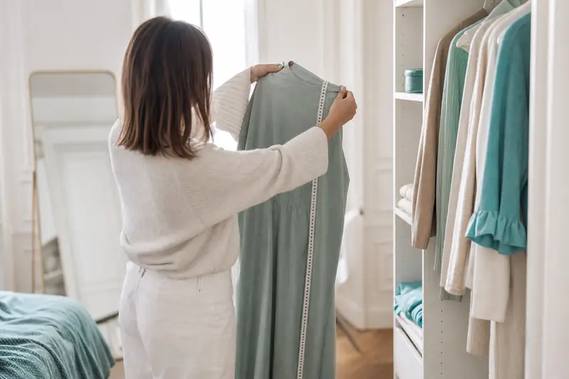 Une femme mesure une robe Shein fluide devant une penderie lumineuse.