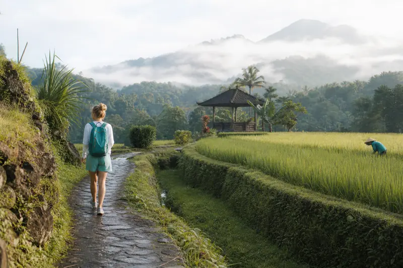 Sentier de rizières paisible dans le Bali secret, à Sidemen au lever du jour.