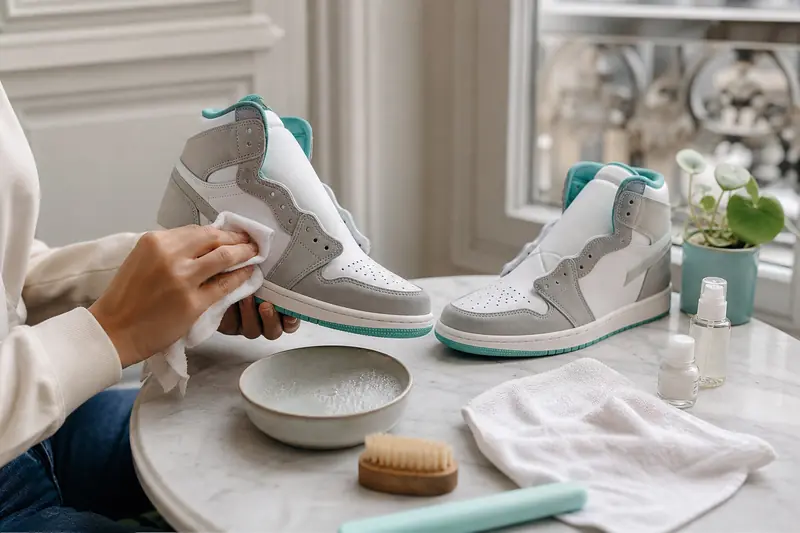 Nettoyage à la main de sneakers Air Jordan avec brosse et chiffon doux