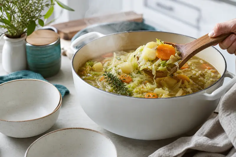 Soupe aux choux maison fumante servie dans une marmite avec légumes frais