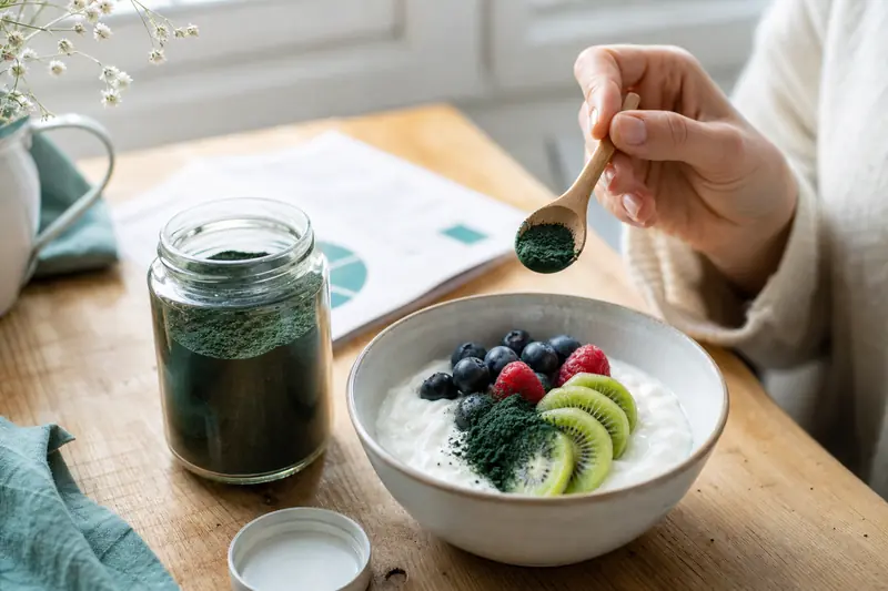 Spiruline bio en poudre ajoutée à un bol de yaourt et kiwi