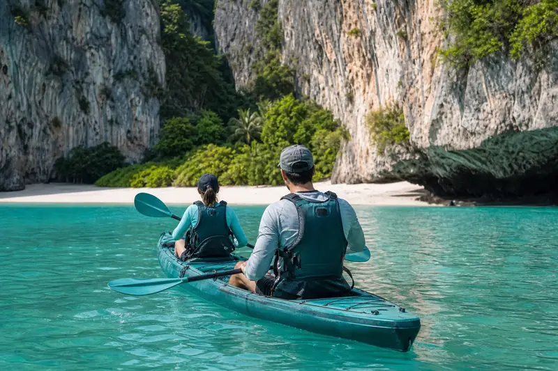 Un couple pratique le kayak, sport nautique en Thaïlande, dans une baie calcaire.