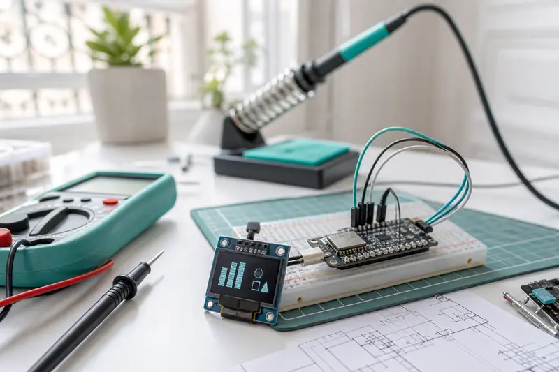 Écran OLED SSD1306 relié à une platine d’essai pour un projet DIY
