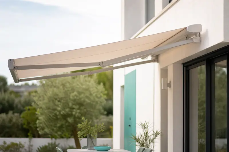 Store banne beige déployé au-dessus d'une terrasse de maison