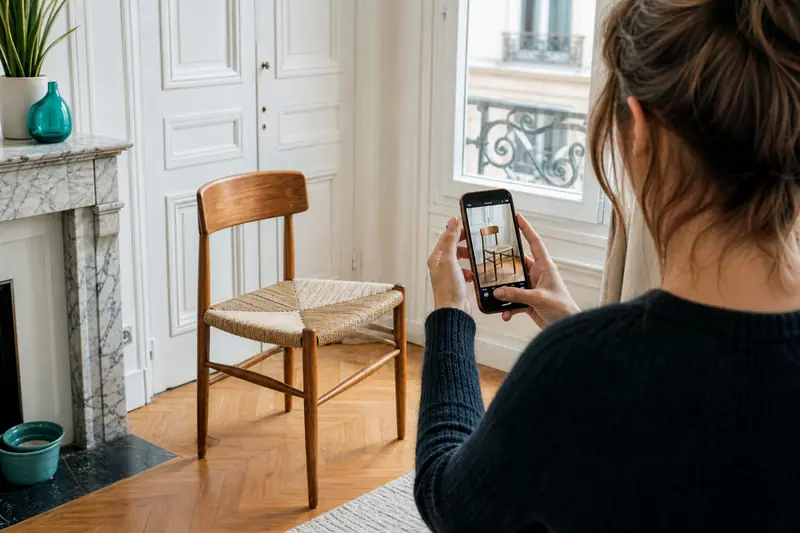 Vendeuse photographiant une chaise d’occasion pour sa vente sur Le Bon Coin