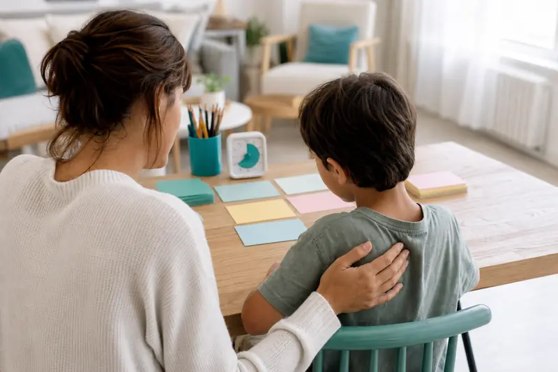 Parent et enfant appliquant des stratégies d’étude à la table familiale