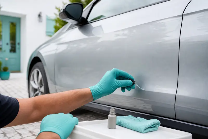 Application d’un stylo retouche Tesla sur un éclat de peinture gris métallisé