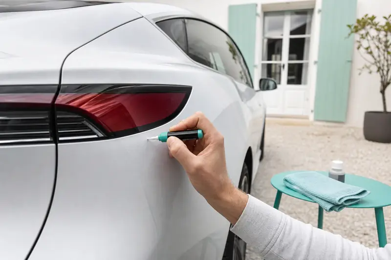 Application d’un stylo retouche Tesla sur un petit éclat de carrosserie