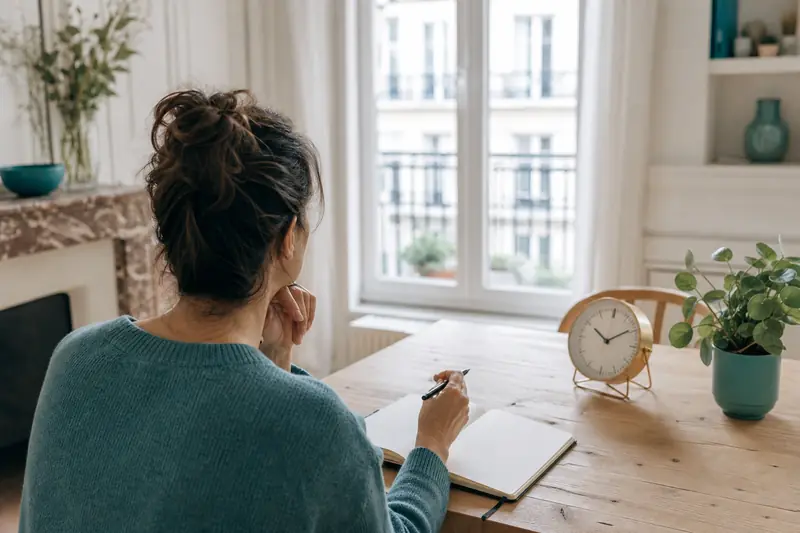 Réflexion personnelle devant un carnet pour définir son futur souhaité