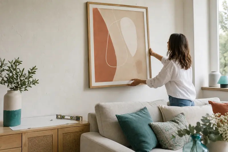 Choix d’un tableau déco encadré au-dessus d’un canapé dans un salon lumineux