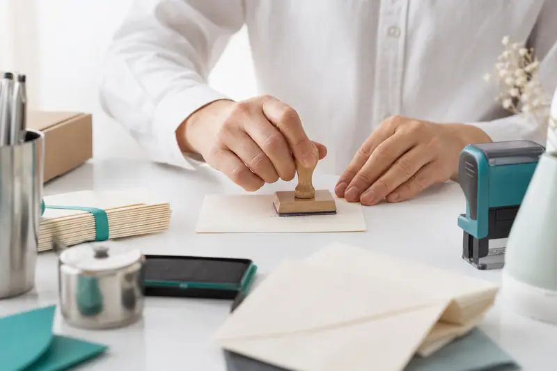 Tampon encreur d’adresse personnalisé sur un bureau de petite entreprise