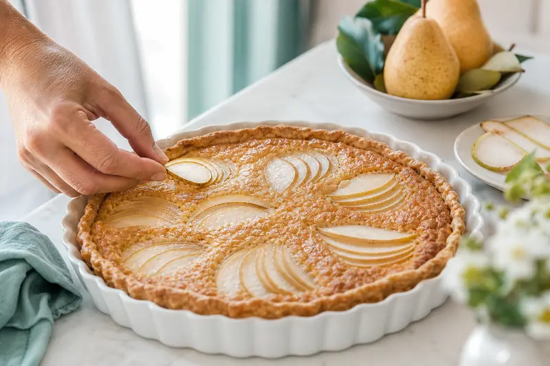 Tarte aux poires dorée sur une table de cuisine lumineuse