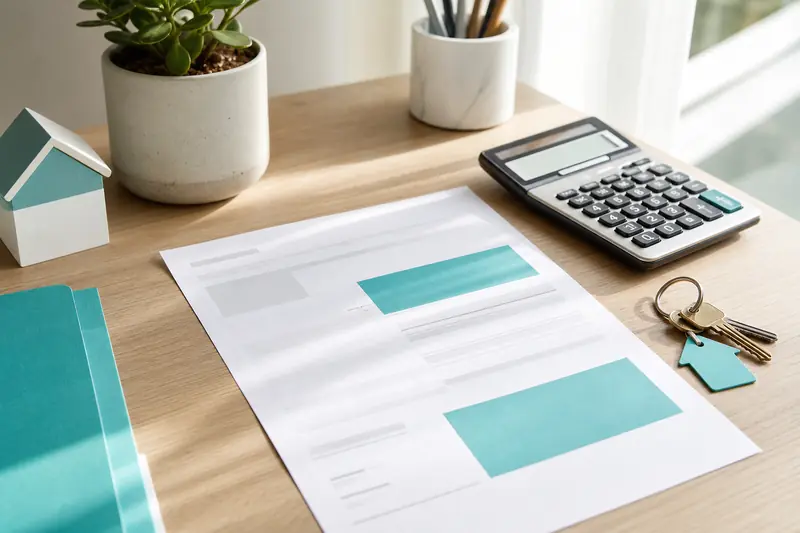 Avis de taxe foncière posé sur une table avec des clés de maison et une calculatrice