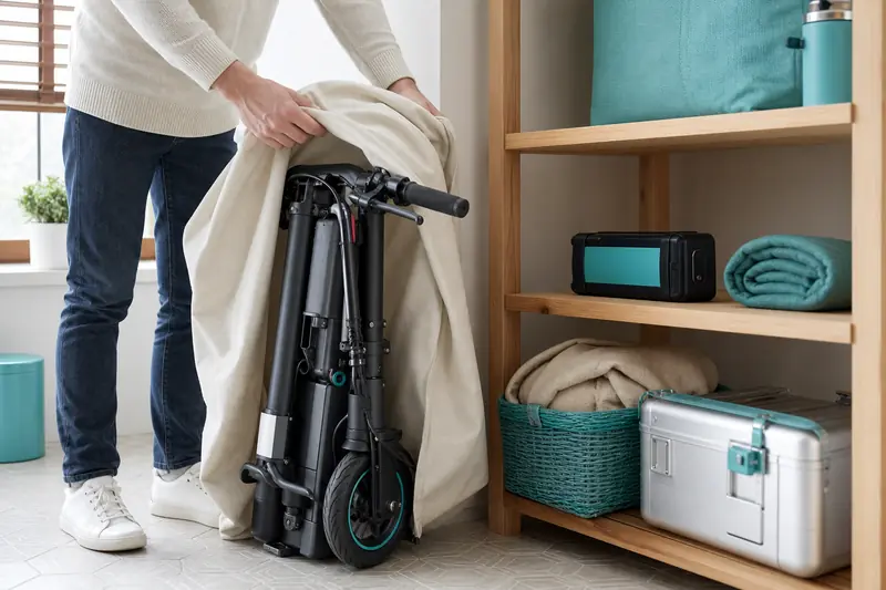 Trottinette électrique propre rangée pour l’hiver dans un cellier sec.