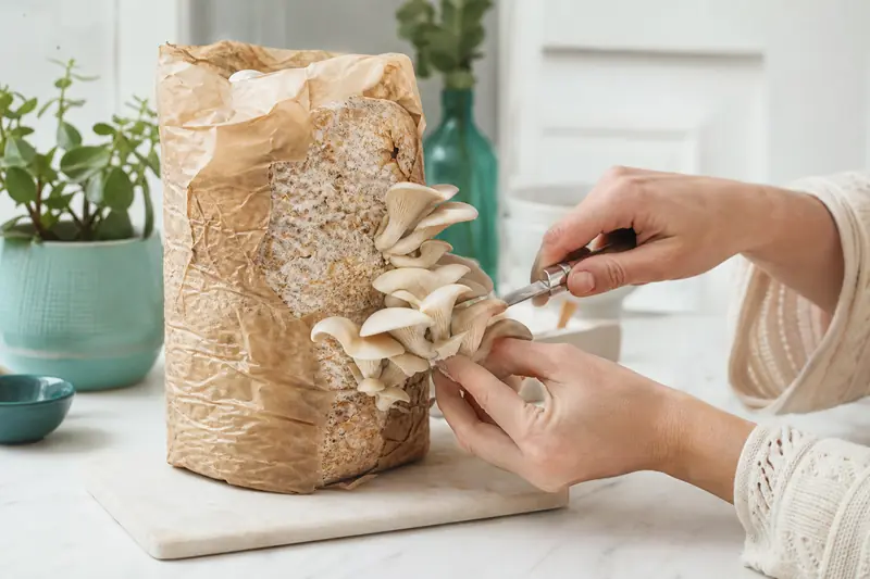 Récolte de pleurotes issus d’une culture de champignons comestibles à la maison