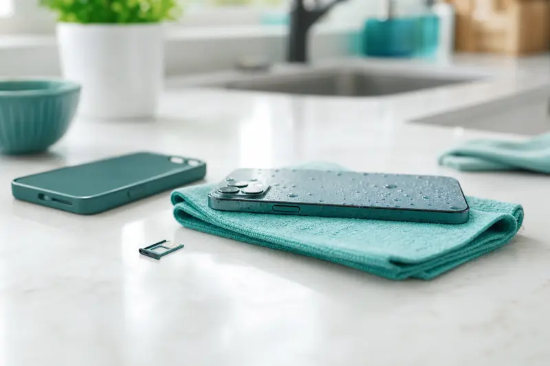 Smartphone mouillé posé sur un chiffon en microfibre à côté de sa coque et du tiroir SIM ouvert