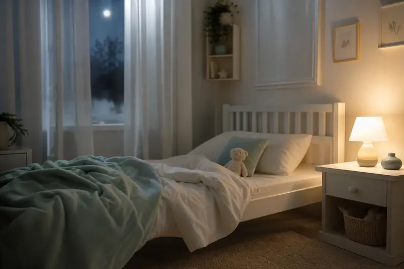 Chambre d'enfant paisible la nuit avec un petit lit, une peluche et une veilleuse allumée