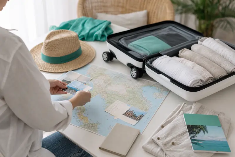 Préparation d’un séjour en Thaïlande avec valise, carte et accessoires de voyage.