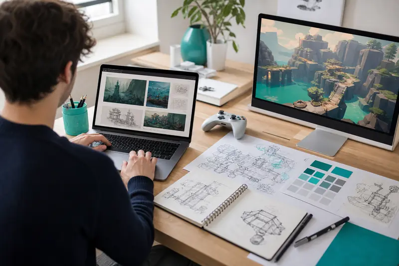Étudiant préparant un portfolio de formation jeux vidéo sur ordinateur