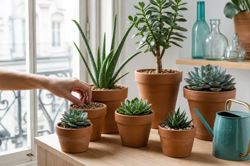 Plantes succulentes en intérieur sur une table près d’une fenêtre lumineuse