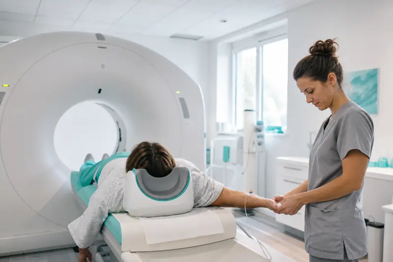 Patient préparé pour un scanner avec injection dans une salle de radiologie.