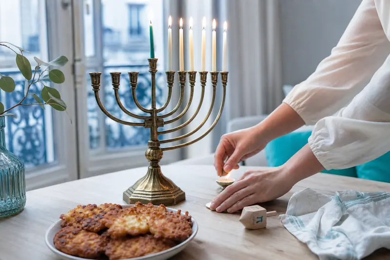 Hanoukkiah allumée avec bougies, latkes et toupie sur une table familiale.