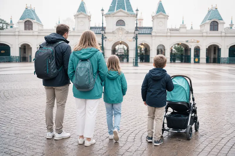 Famille préparant un séjour Disney devant l’entrée d’un parc d’attractions.