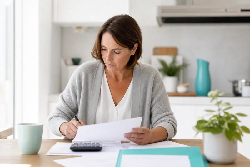 Personne consultant des documents administratifs et une calculatrice sur une table