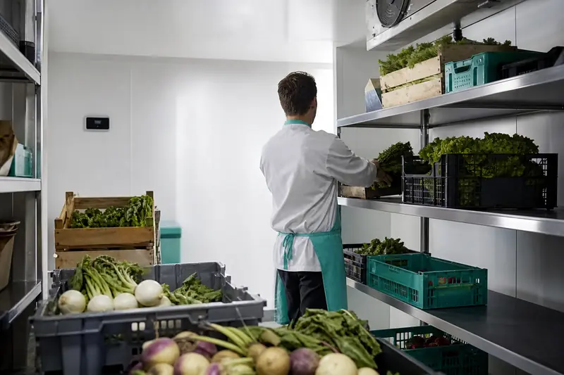 Chambre froide positive professionnelle avec légumes frais rangés sur des étagères inox.