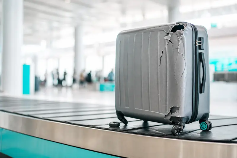 Valise rigide à la coque fendue et à la roue cassée sur le tapis à bagages d'un aéroport