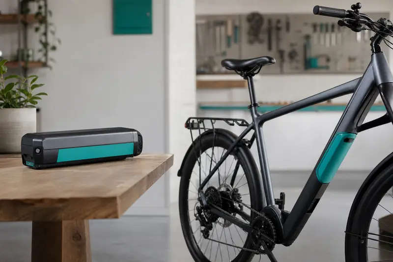 Vélo électrique avec sa batterie amovible posée à côté sur une table
