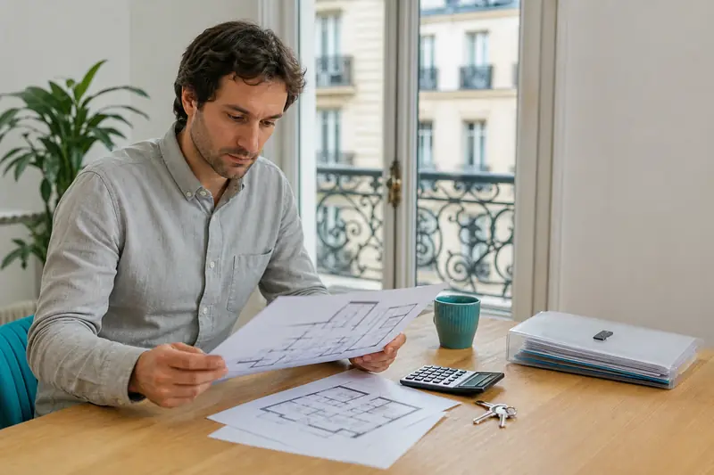 Acheteur préparant son achat d’appartement avec plans, clés et documents de copropriété.