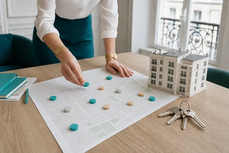 Mains comparant des données de vente immobilière sur une carte de quartier.