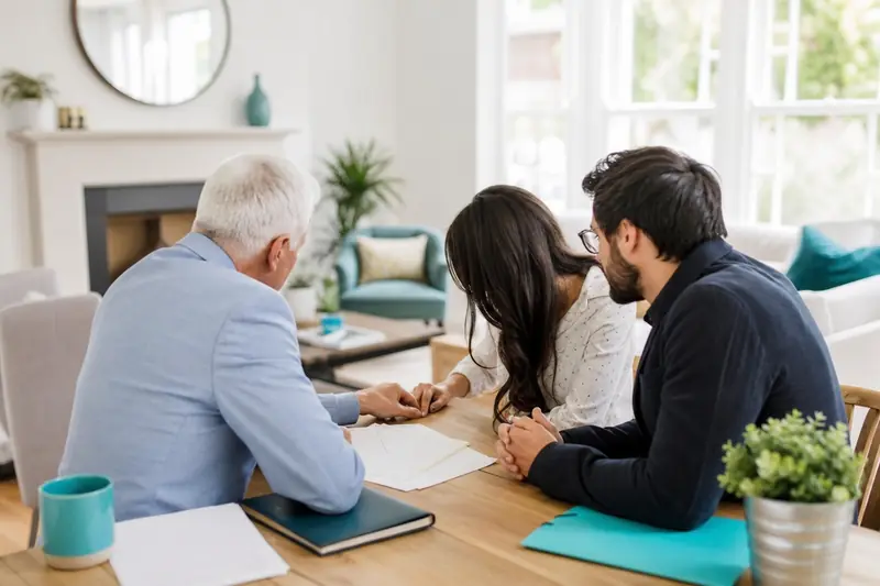 Personnes âgées et couple plus jeune discutant autour d'une table avec des documents immobiliers