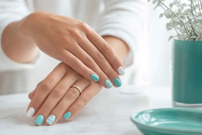 Mains avec un vernis semi-permanent coloré appliqué sur des ongles courts