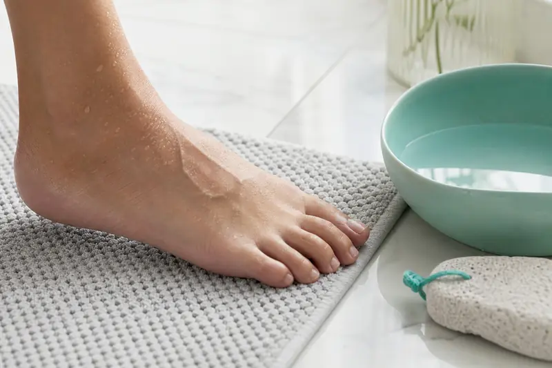 Pied nu posé sur un tapis de salle de bain avec une bassine de soin en arrière-plan