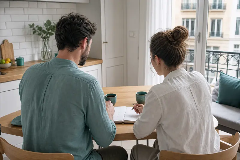Vie de couple : deux partenaires échangeant autour d’un agenda dans une cuisine lumineuse