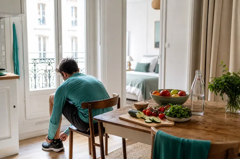 Personne préparant légumes et chaussures de marche pour un mode de vie sain
