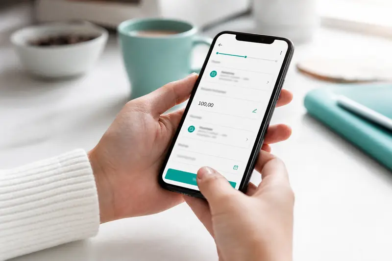 Personne consultant une application bancaire sur smartphone avec un IBAN affiché à l'écran
