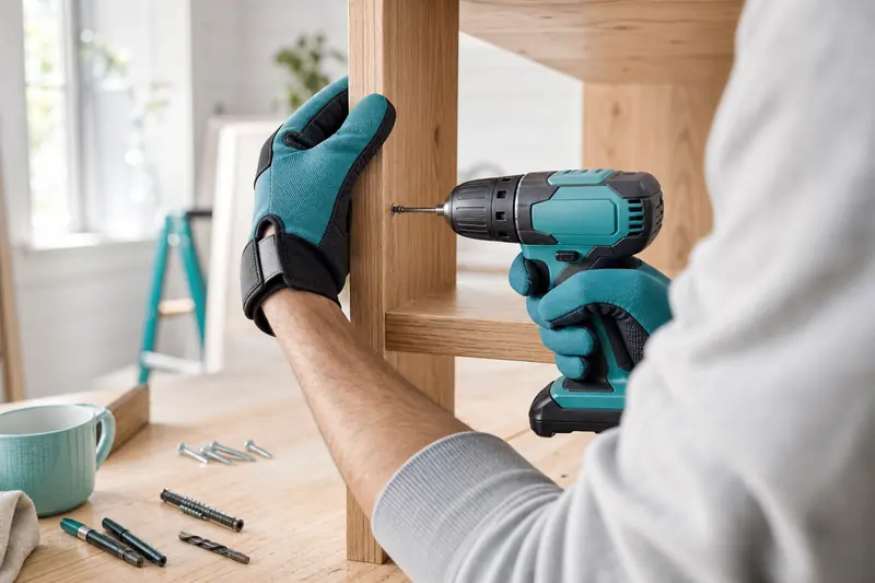 Visseuse dévisseuse à poignée antivibration utilisée sur une étagère en bois clair